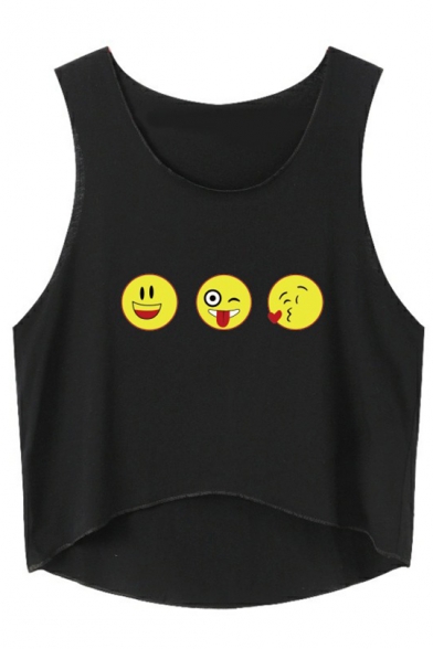 Cute Emoji Printed Round Neck Sleeveless Dip Hem Cropped Tank