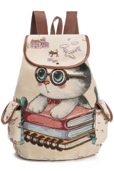 Daily Fashion Cat Cartoon Pattern Flap Pockets Backpack School Bag