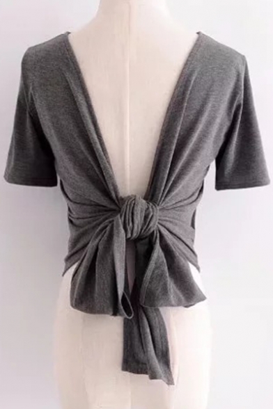 Daily Fashion Plain Bow Tie V-Back Short Sleeve Pullover Tee