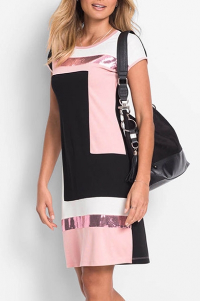 Elegant Sequined Patchwork Color Block Round Neck Short Sleeve Mini T-shirt Dress