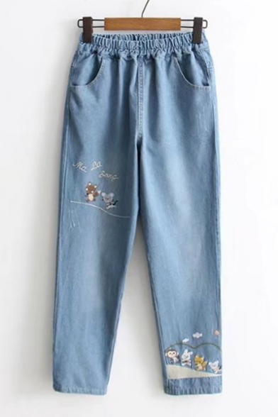 Fashionable Cartoon Animal Letter Embroidery Elastic Waist Pocket Detail Jeans