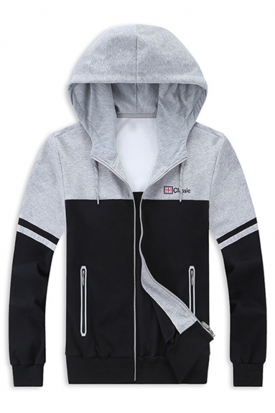 Fashionable Color Block Zip Up Men's Spring Casual Hoodie with Pockets