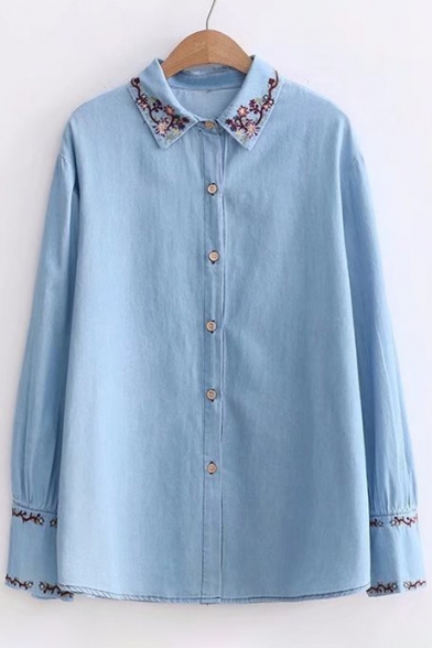 Floral Embroidered Button Front Long Sleeve Simple Lapel Denim Shirt