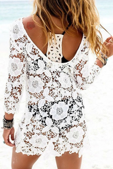 Floral Lace Round Neck Long Sleeve Tunic Beach Cover Up