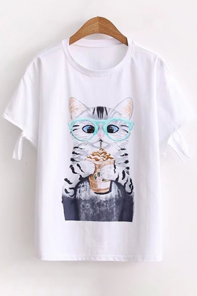 Glasses Cat Printed Round Neck Short Sleeve Cut Out Detail Tee