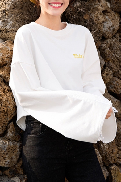 Leisure Fashion Letter Embroidered Wide Sleeve Round Neck Cropped Loose Tee