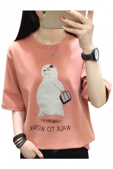 Lovely Bear Letter Print Round Neck Half Sleeves Casual Tee