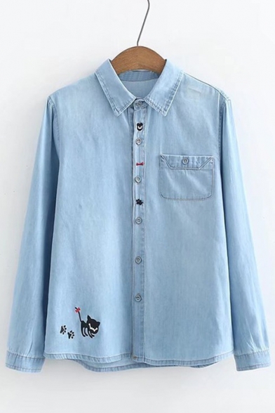 New Arrival Button Front Lapel Pocket Detail Bow Paw Cat Cartoon Embroidery Denim Shirt