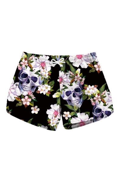 New Trendy Drawstring Waist Floral Skull Printed Shorts with Pockets