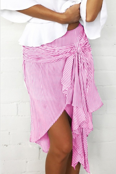 New Trendy Striped Printed Tied Front Asymmetric Hem Midi Skirt