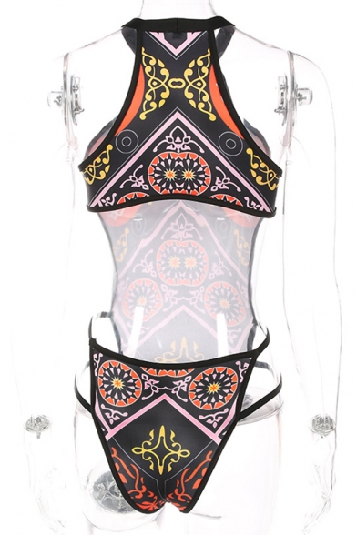 Peasant Style Tribal Print Halter Neck Hollow Out Detail One Piece Swimwear