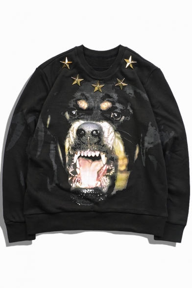 Pentagram Embellished Digital Dog Printed Round Neck Long Sleeve Unisex Pullover Sweatshirt