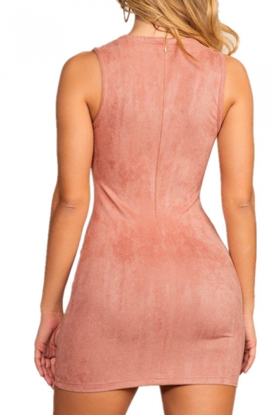 Popular Fashion V-Neck Sleeveless Lace-up Detail Plain Mini Bodycon Dress