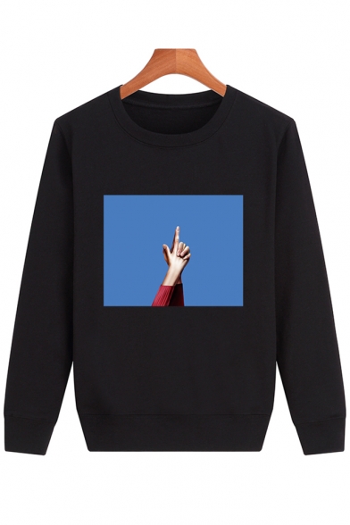 Popular Gesture Printed Round Neck Long Sleeve Pullover Sweatshirt