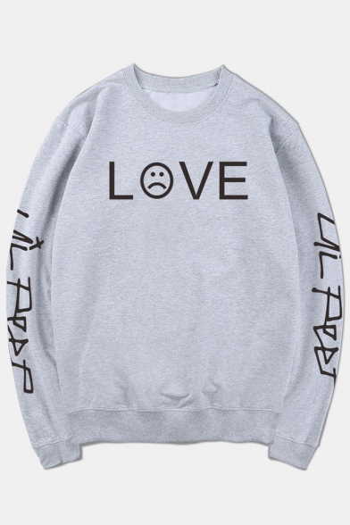 Sad Face Letter Printed Round Neck Long Sleeve Pullover Sweatshirt