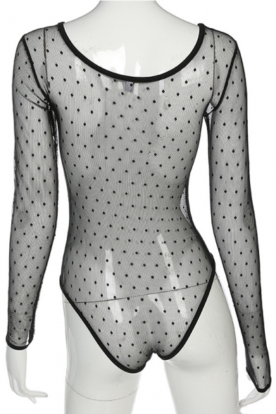 Sexy Polka Dot Letter Printed Sheer Mesh Round Neck Long Sleeve Chic Bodysuit