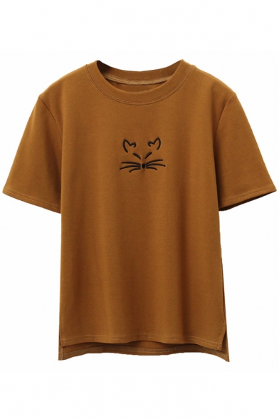 Simple Basic Cat Embroidered Round Neck Short Sleeve Tee
