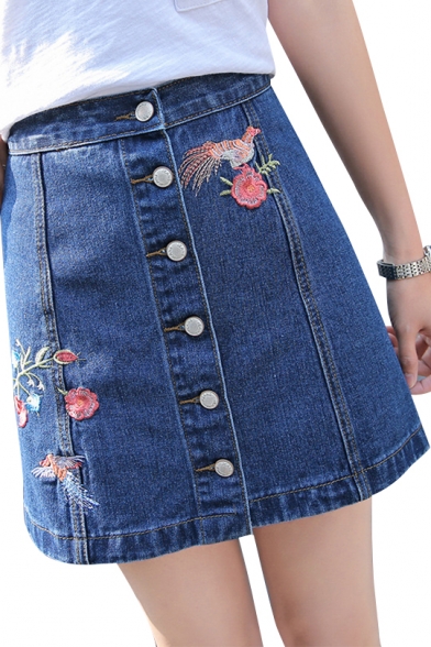 Single Breasted Floral Embroidered Mini A-Line Denim Skirt