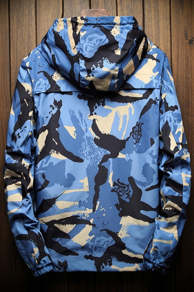 Street Fashion Camouflaged Pattern Zip Up Drawstring Hooded Long Sleeve Jacket
