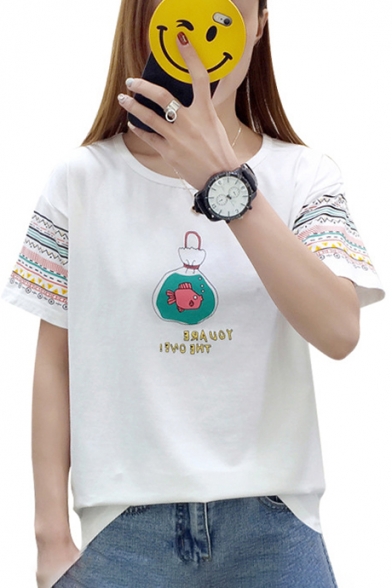 Stylish Fish Letter Print Round Neck Short Sleeves Casual Tee