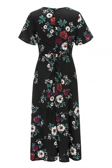 Stylish Floral Printed V Neck Lace Up Front Short Sleeve Maxi A-Line Dress