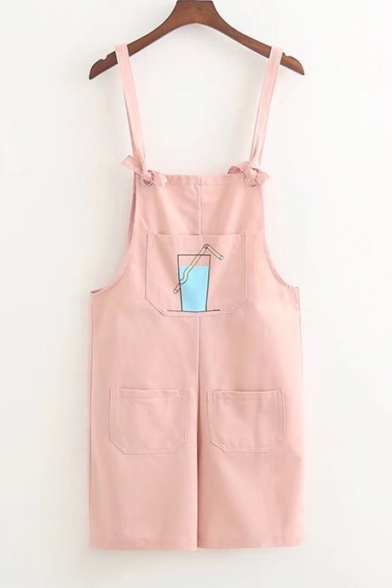 Unique Cup Drink Pattern Pocket Front Knotted Straps Overall Romper Shorts