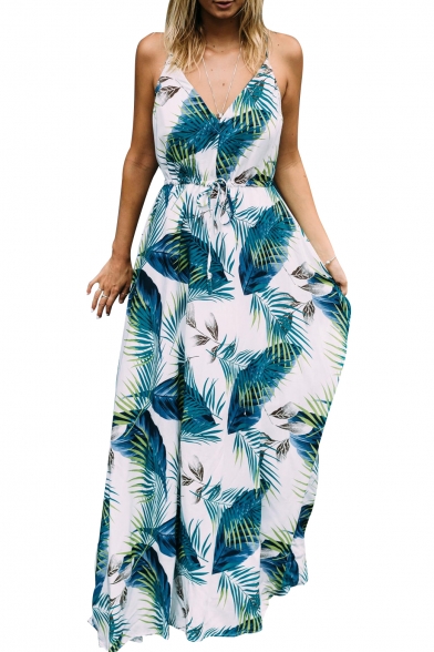 Vacation Fashion Spaghetti Straps Planet Leaf Print Maxi Beach Dress