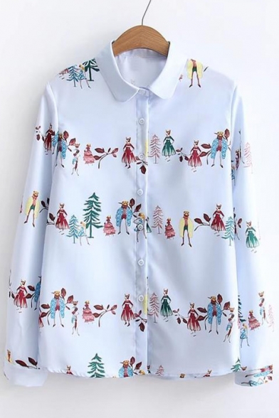 Vintage Style Cartoon Animal Tree Print Lapel Button Front Shirt