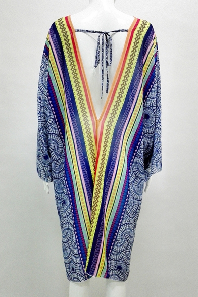 Vintage Style Open Front Bow Tied V-Back Split Side Tribal Print Kimono