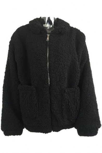 Women's Fashion Lapel Double Pocket Detail Loose Winter Zip Up Fur Coat