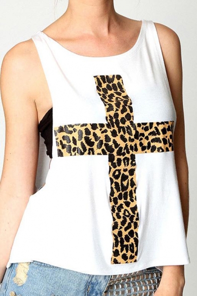 Women's Fashion Leopard Cross Print Round Neck Loose Tank with Plain Bandeau