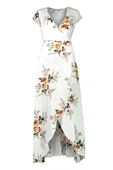 Women's Fashion V-Neck Cap Sleeve Floral Print Belted High Low Hem Wrap Dress