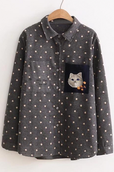 Adorable Cat Letter Polka Dot Pattern Button Front Lapel Pocket Shirt