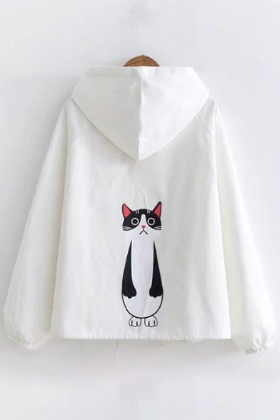 Chic Cat Cartoon Print Drawstring Waist Single Breasted Hooded Jacket