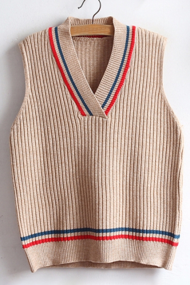 Chic Contrast Striped V Neck Sleeveless Pullover Vest Sweater