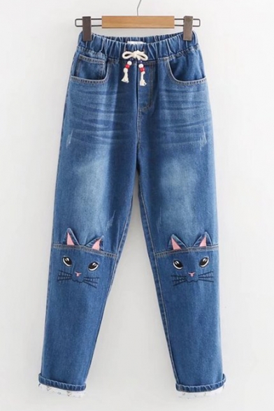 

Chic Drawstring Waist Pocket Side Cat Embroidered Turn-up Ankle Jeans