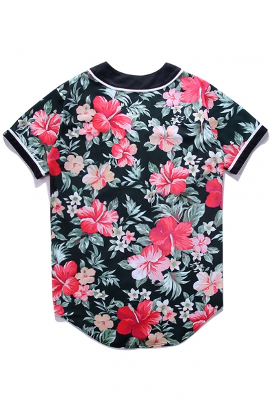 Chic Floral Letter Pattern Button Front V-Neck Short Sleeve Baseball Tee