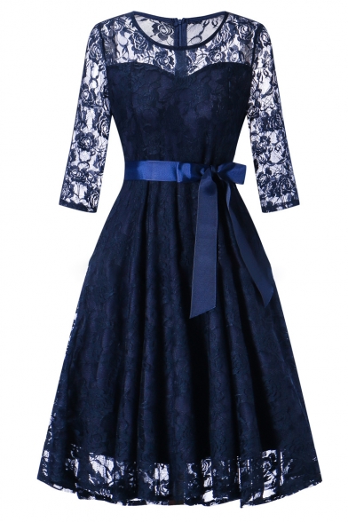 Chic Lace Panel Round Neck Bow Belted Zip Back Floral Pattern Midi Fit & Flare Dress