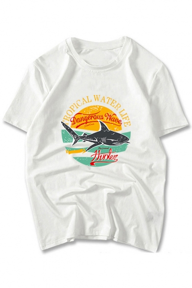 Chic Shark Sun Letter Print Round Neck Short Sleeves Summer T-shirt