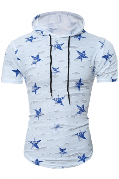 Chic Star Print Ripped Off Detail Short Sleeves Drawstring Hooded Tee