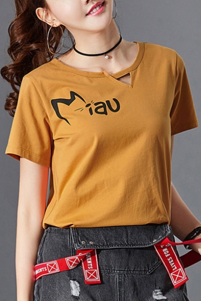 Cut Out Front Round Neck Letter Printed Round Neck Short Sleeve Tee