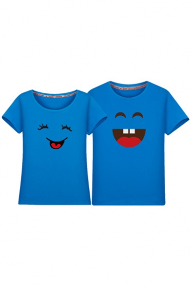Cute Smile Face Printed Round Neck Short Sleeve Tee for Couple