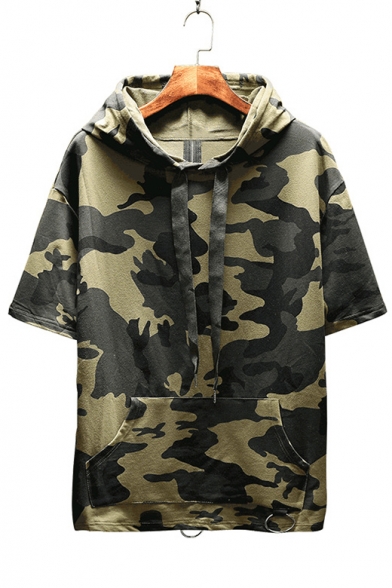 Daily Fashion Camouflaged Pattern Zip Back Pocket Front Short Sleeve Hooded Tee