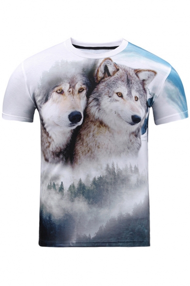 Digital Two Wolves Printed Round Neck Short Sleeve Leisure Tee