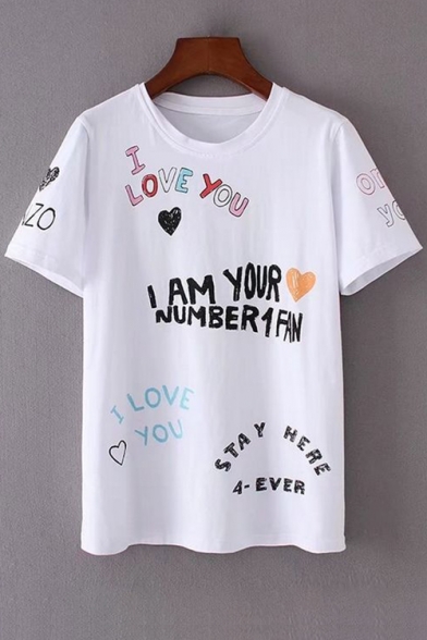 Fancy Childish Letter Sweetheart Print Round Neck Short Sleeves Casual Tee