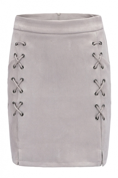 Fashion Suede Plain Lace Up Embellished Mini A-Line Skirt