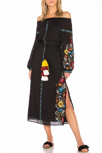 Fashionable Off the Shoulder Floral Embroidered Tassel Belted Split Side Midi Beach Dress