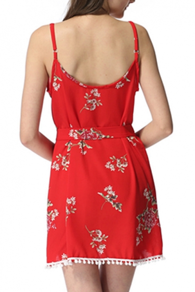 Hot Style Spaghetti Straps Bow Belted Floral Print Mini Cami Dress