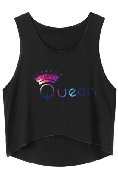 Leisure Comfort Colorful Letter Crown Printed Round Neck Dip Hem Cropped Tank