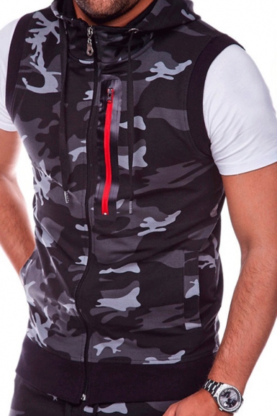 Men's Fashion Camouflaged Pattern Zip Up Hooded Sleeveless Slim Vest